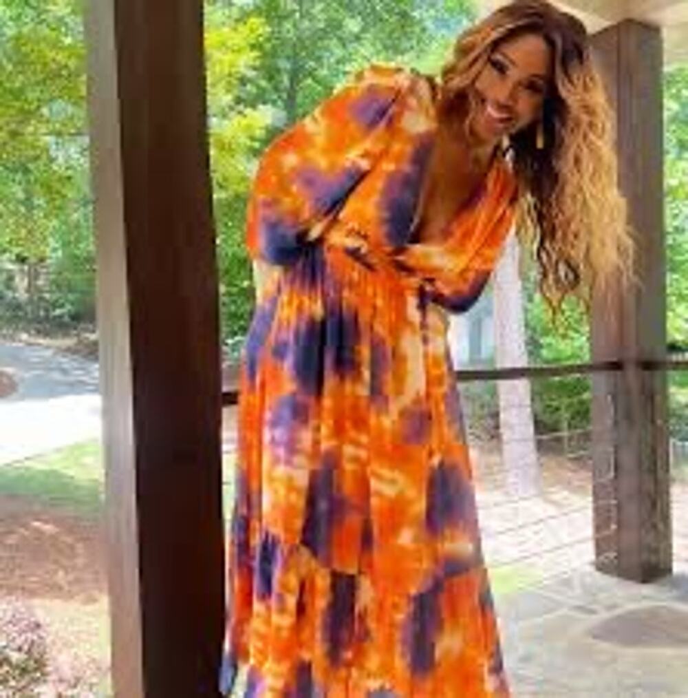 TOCCIN Purple Orange Tie-Dye Retro Plunging Neckline Puff Sleeves Maxi Dress 8